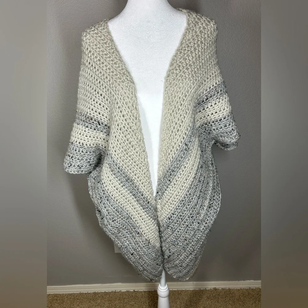 Womens Handmade Boho Crochet Coastal Cowgirl Neutral Cardigan O/S Beige Gray